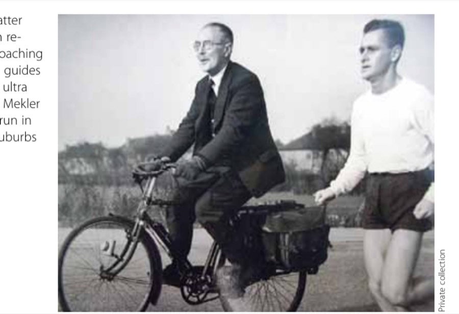 Newton's latter years saw him regarded as a coaching guru. Here he guides South African ultra legend Jackie Mekler on a training run in the London suburbs in 1955.