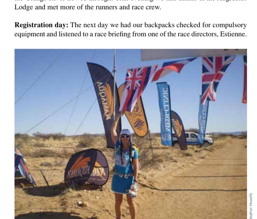 The author representing Hawaii at the Kalahari Augrabies Extreme Marathon.