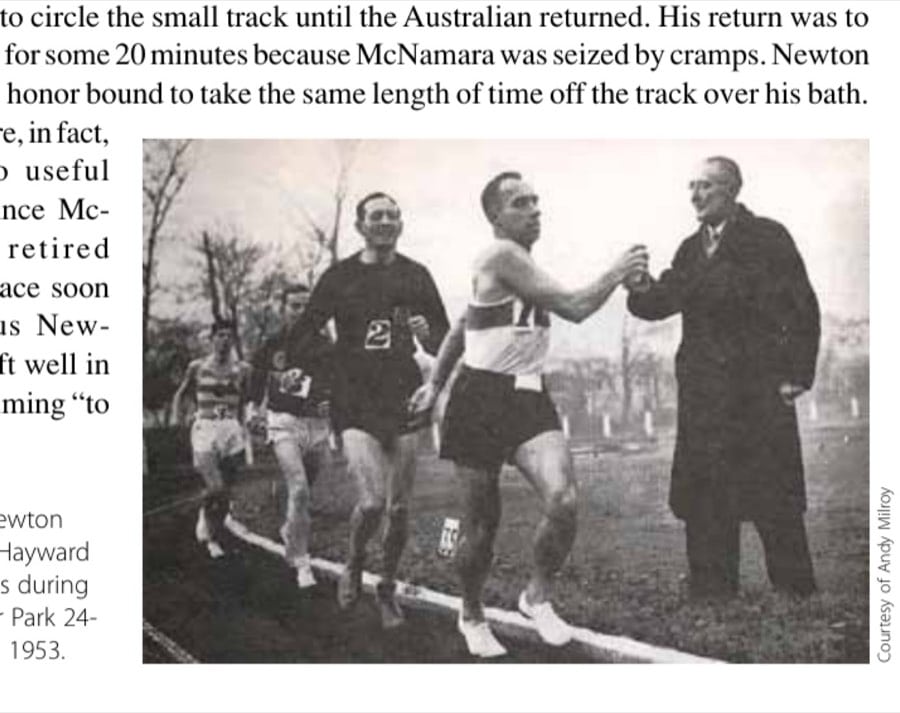 The Day Run 10 Arthur Newton gives Wally Hayward refreshments during the Motspur Park 24-hour race in 1953.