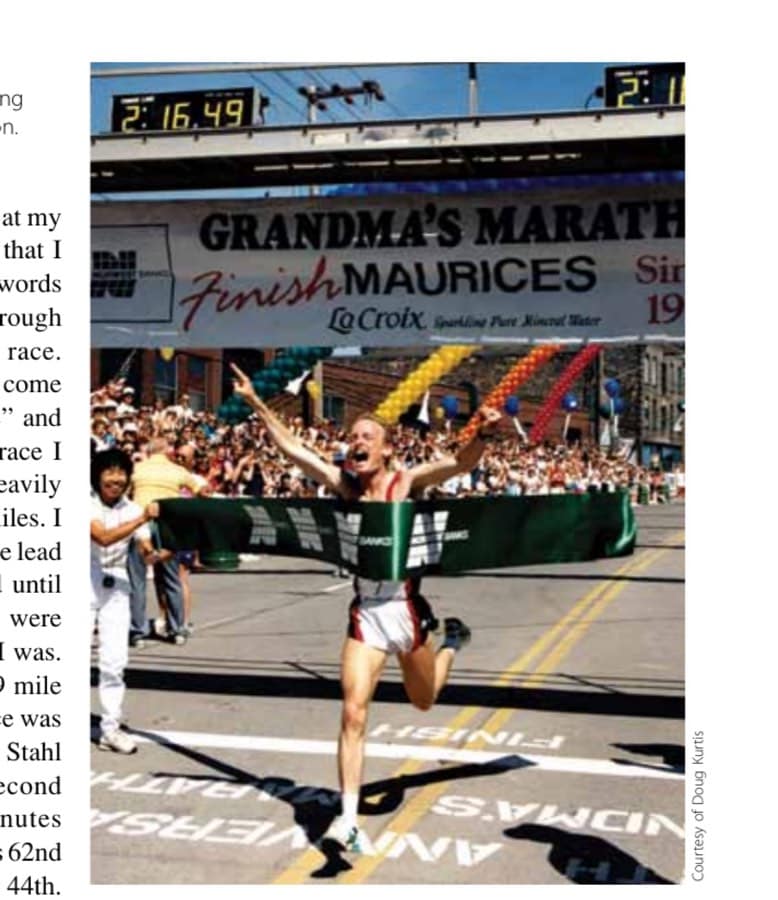 Showing some excitement—winning Grandma's Marathon.