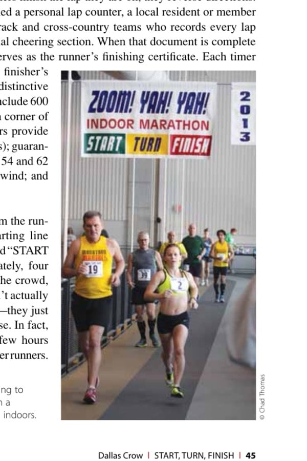 Nichole Porath (#2) attempting to become the first woman to run a marathon in under three hours indoors.