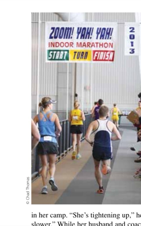 Runners (who came from as far away as Florida and Alabama) pass under the Start-Finish banner every 282 meters.