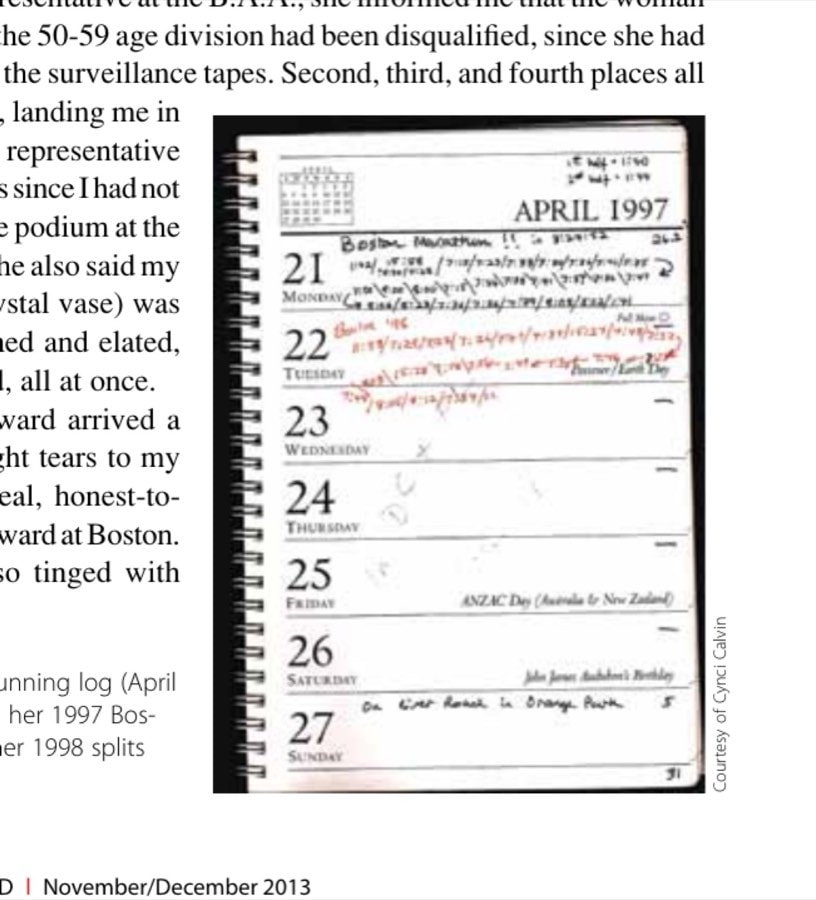 My Most Unforgettable Marathon (Vol. 17, No. 6) 12 A scan of the author's running log (April 21 to April 27 1997) shows her 1997 Boston Marathon splits, with her 1998 splits below.