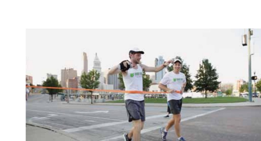 The Trans-Ohio Run 13 Steve and Cory cross the "finish line" in downtown Cincinnati.
