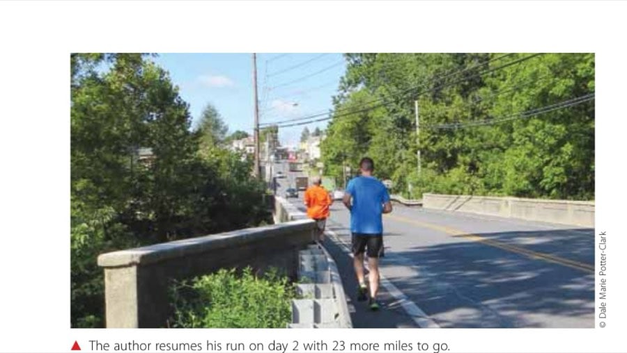 Following My Grandfather's Footsteps 25 The author resumes his run on day 2 with 23 more miles to go.