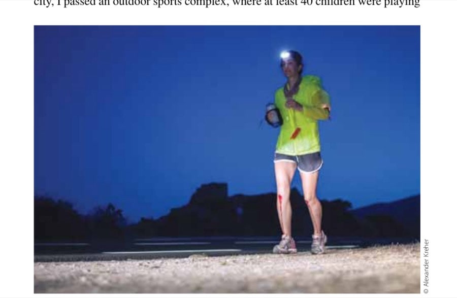 Just before dawn on my very last day. I started at midnight and ran the last stage, 90 miles, in one go. Like an idiot I took off my headlamp too early in the pre-dawn darkness and fell down hard on some rocks by the beach. I put the headlamp back on but still managed to repeat the feat a mile later.