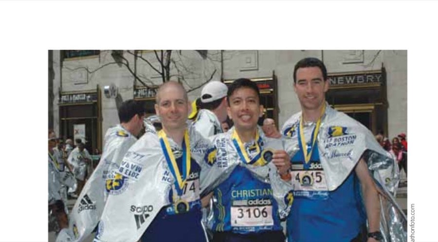 Curto Runs Boston 10 Chris and his friends Christian (center) and Joe (right) enjoy a postrace celebration that would prove to be short lived.