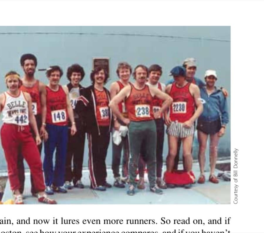 The Belle Watlings gather before the start of the 1978 Boston Marathon. They are, left to right, Dave Bogdan, Fred Gordon, Ralph Zimmerman, Tom Donnelly, Bill Donnelly, Bob Herzog, Dick Sullivan, Norm Schwendler, Paul Schwandt, Bill Cambell, and an unknown runner.