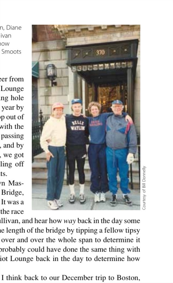 Love That Dirty Water 9 In 1993, Jack O'Sullivan, Jack Meegan, Diane (the future Mrs. Donnelly), and Dick Sullivan in front of the Eliot Hotel after finding how many "Sullys" it takes to cross the entire Smoots Bridge.