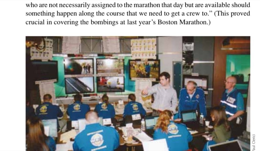 In the command center of the Spotters Network at the WBZ-TV studio, last-minute checks and rechecks occur to ensure that all the telephone and computer connections, video and monitor hookups, and communication setups are ready to go for the Boston Marathon.
