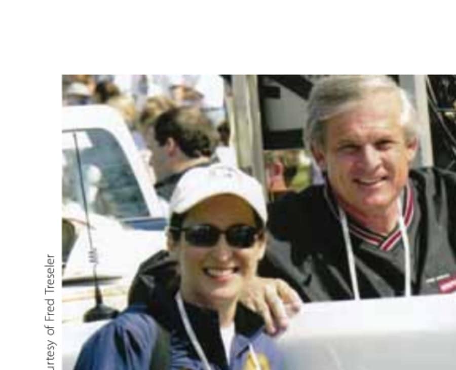 Lead vehicle commentators WBZ-TV news reporter Peg Rusconi and Spotters Network cofounder Tim Kilduff prior to the Boston Marathon.