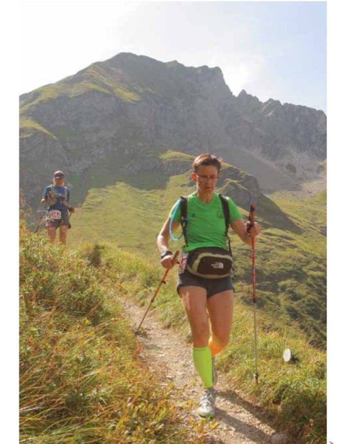 Gay and Stacey cruise through one of the more runnable trails on Day 1 at Trans-Alps.