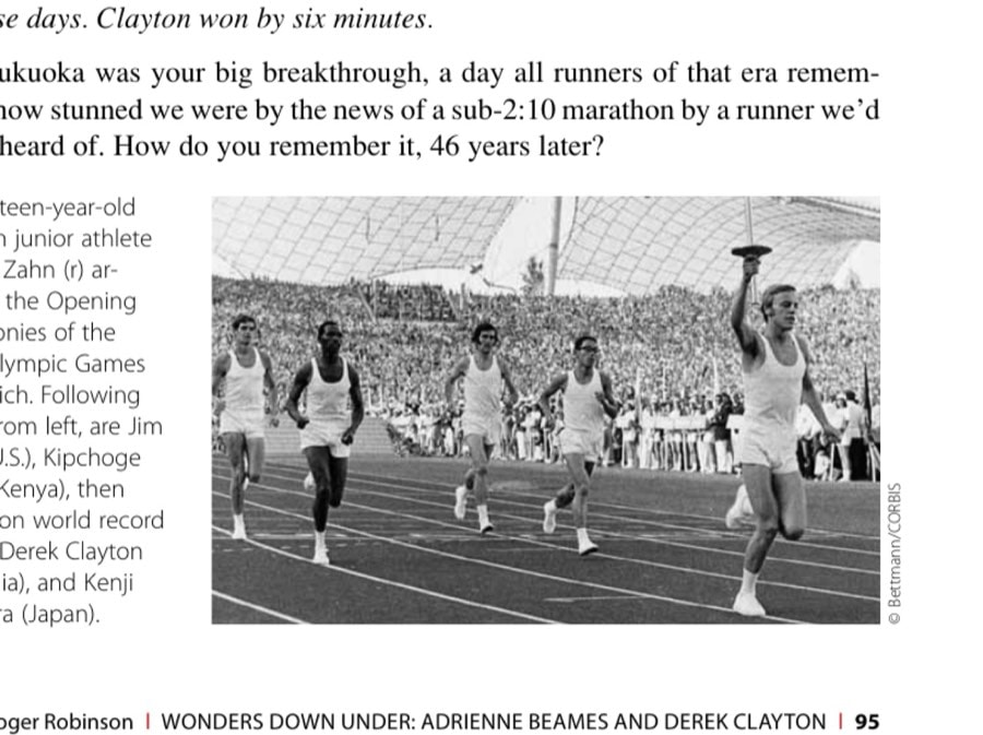 Eighteen-year-old German junior athlete Gunter Zahn (r) arrives at the Opening Ceremonies of the 1972 Olympic Games in Munich. Following Zahn, from left, are Jim Ryan (U.S.), Kipchoge Keino (Kenya), then marathon world record holder Derek Clayton (Australia), and Kenji Kimihara (Japan).