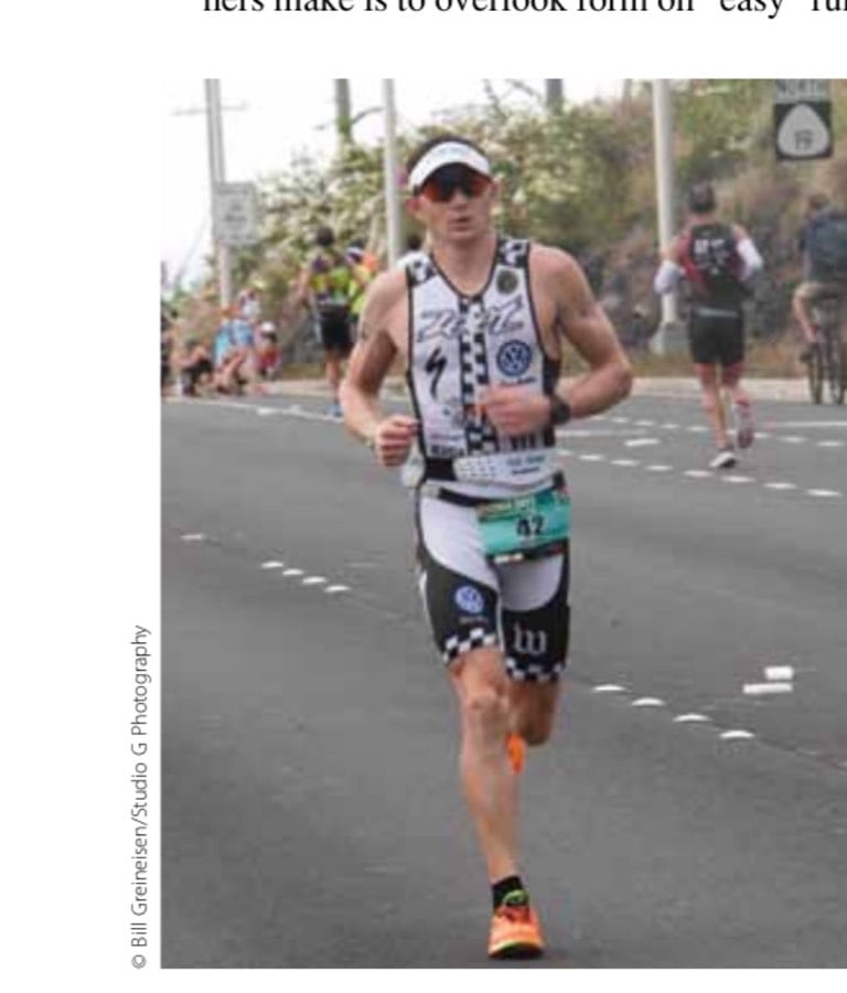 Ben running a 3:00:28 marathon at the Hawaii Ironman after swimming 2.4 miles and biking 112.