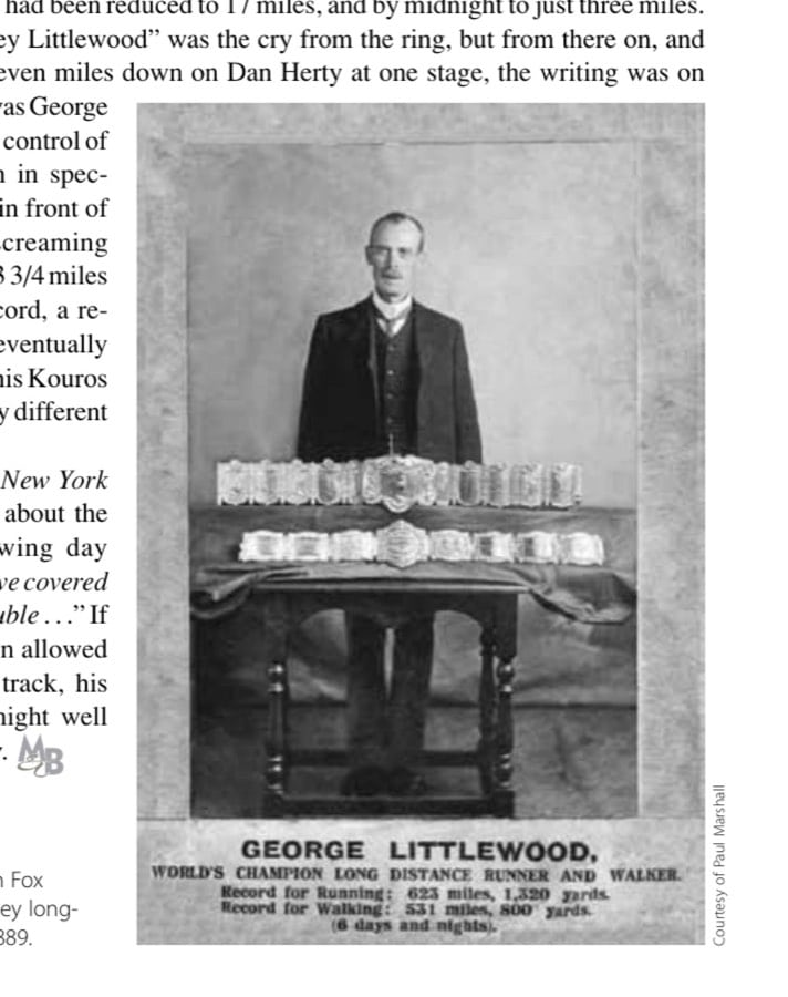 George Littlewood 8 Littlewood with Fox Diamond and Astley long-distance belts—1889.