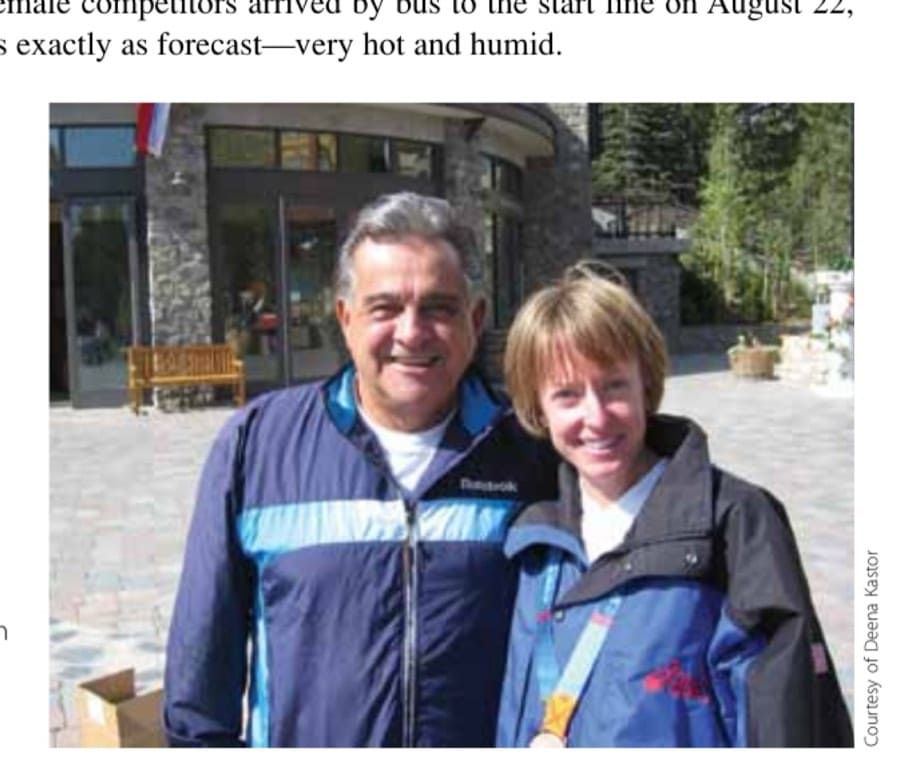 Deena with her life mentor, Joe Vigil, after the 2004 Olympics at the Mammoth Lakes Parade for Meb and Deena in which Mayor Rick Wood honored them.