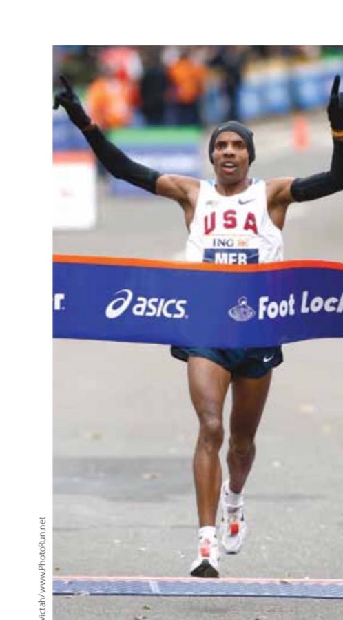 Meb crosses the line first at the 2009 New York City Marathon.