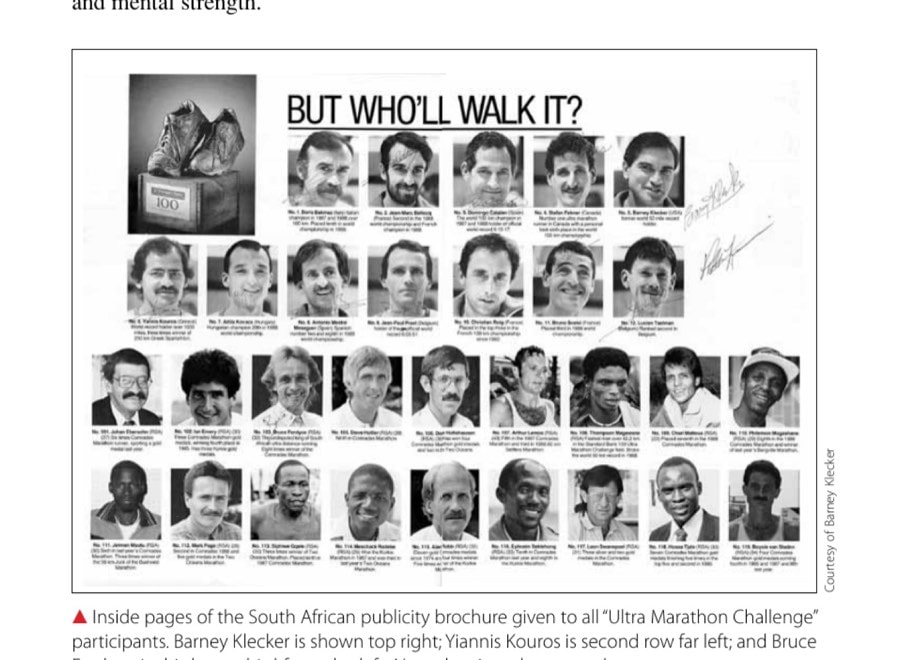 The Spy Who Ran In From the Cold 12 Inside pages of the South African publicity brochure given to all "Ultra Marathon Challenge" participants. Barney Klecker is shown top right; Yiannis Kouros is second row far left; and Bruce Fordyce is third row, third from the left. Note the signed autographs.