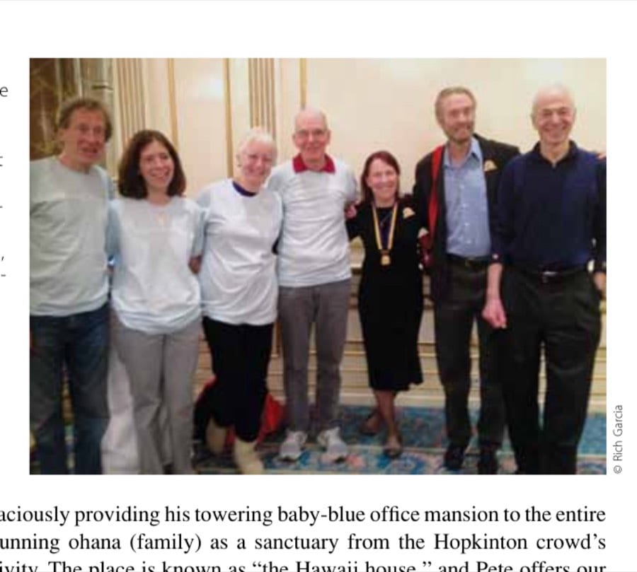 Heartfelt reunion at the Breakfast of Champions, including, left to right: Bill Rodgers, Cristina Negron, Margie Smith, Kit Smith, Jacqueline Hansen, Amby Burfoot, and George Hirsch.