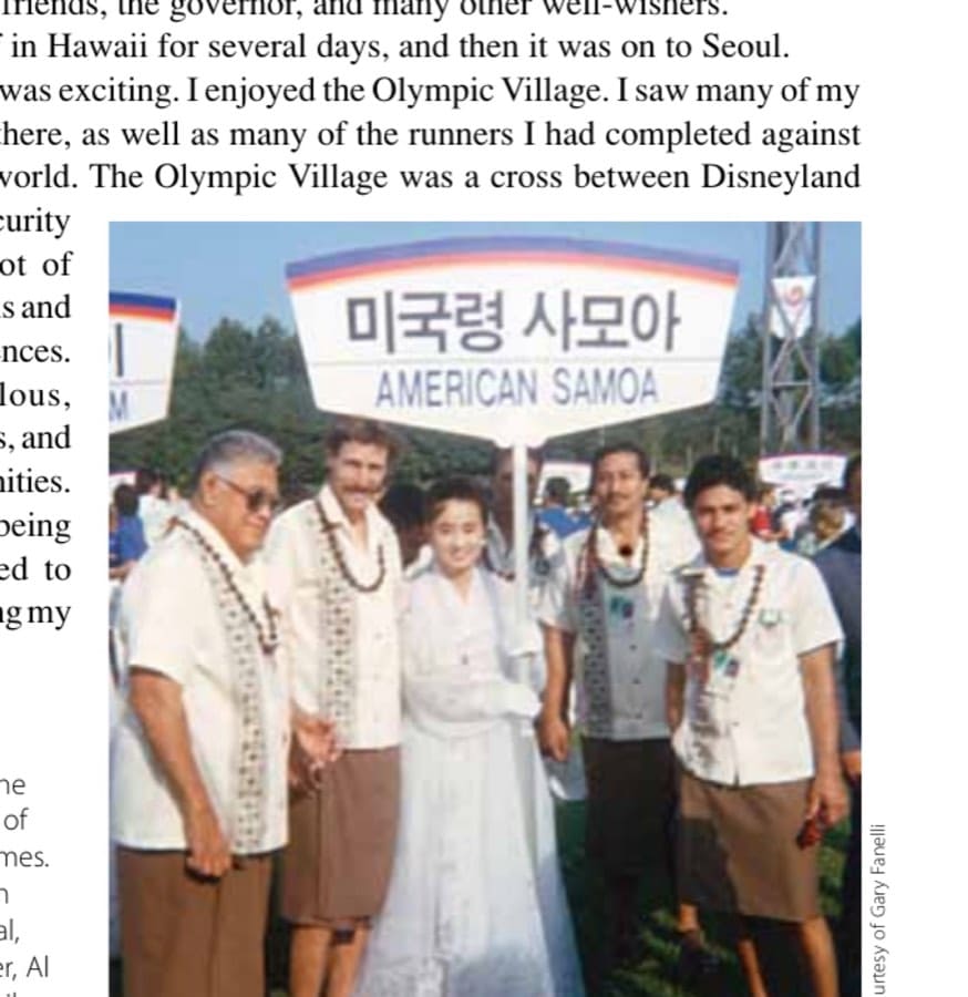 Gathering before the Opening Ceremonies of the 1988 Olympic Games. Left to right: American Samoa Olympic official, me, Olympic volunteer, Al Lolotai, and Albert Mailo.