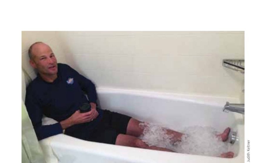 The morning after, Brian enjoys his coffee and a refreshing ice bath.
