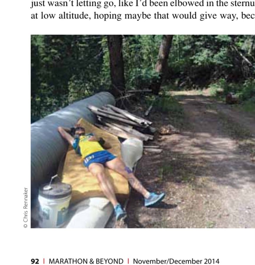 Tim Olson prone on the infamous mattress, unable to breathe during his epic 2014 Hardrock.