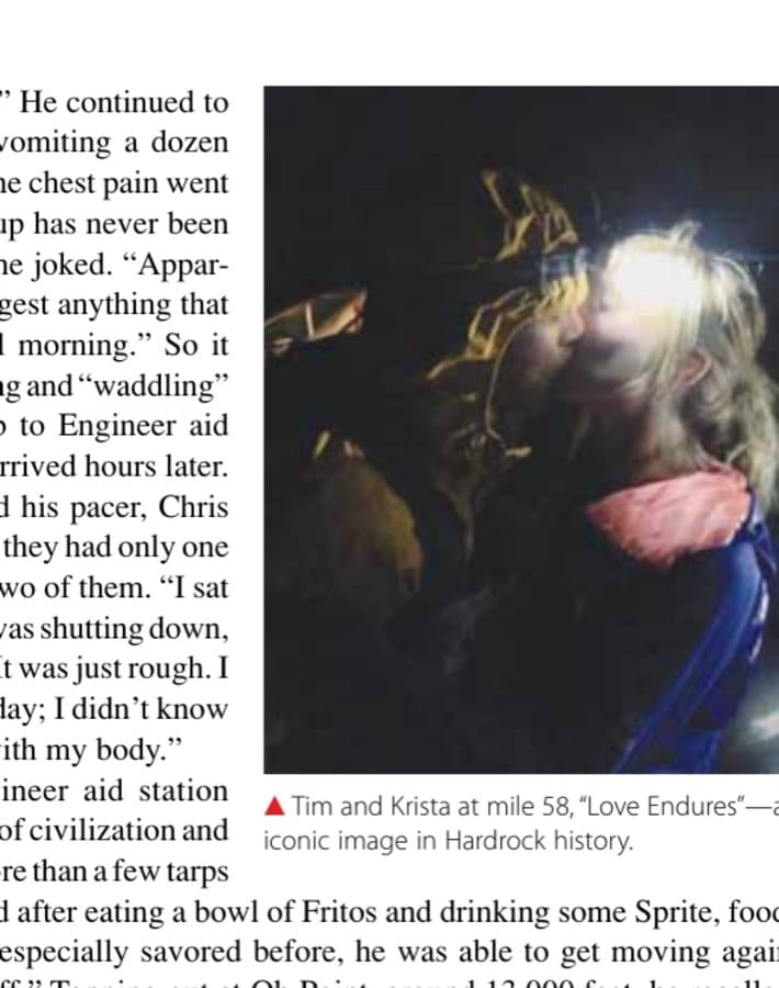 Tim and Krista at mile 58, "Love Endures"—an iconic image in Hardrock history.