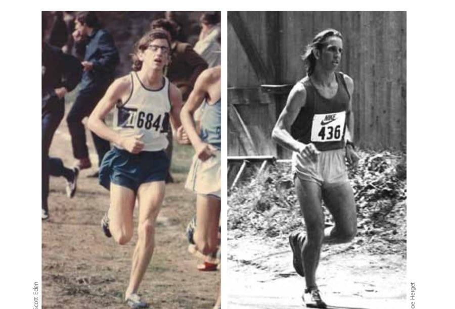 Left: Walter at age 19 running an exciting but conventional 5-mile cross-country race for Duke. Right: Bob at age 19 running his lifetime PR at the Lake Waramaug 50-miler (7:27:54). And his first 50-miler was more than a year earlier.