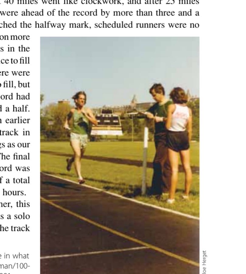 Bob finishing the lead-off mile in what would be the world record 100-man/100-mile relay that he organized in 1981.