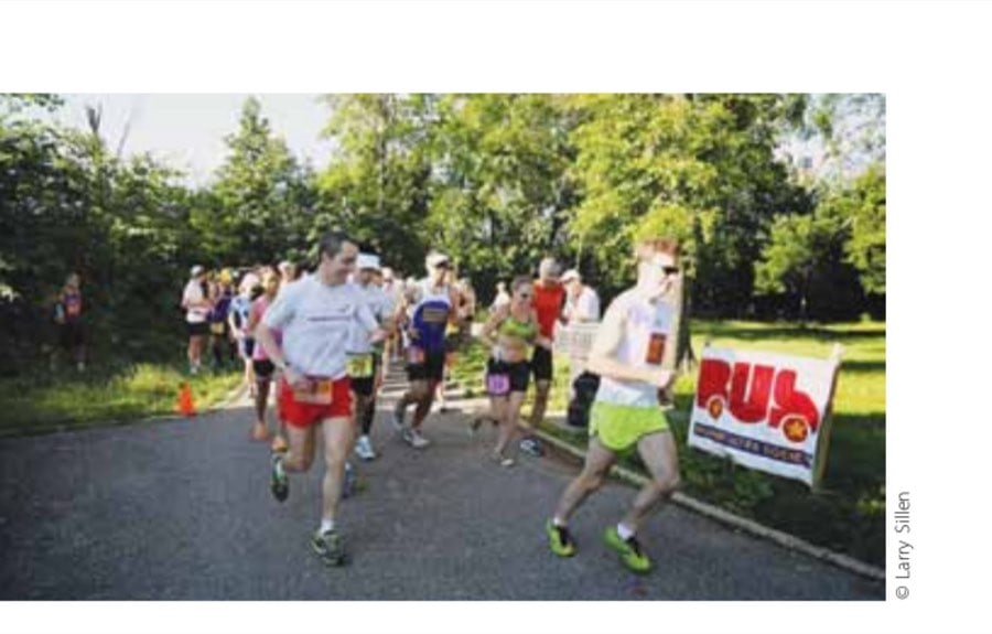 The start of the 2014 race, including Byron Lane, left, in red shorts; Tim Henderson, center, in blue shirt; and the author, right, in yellow shorts.