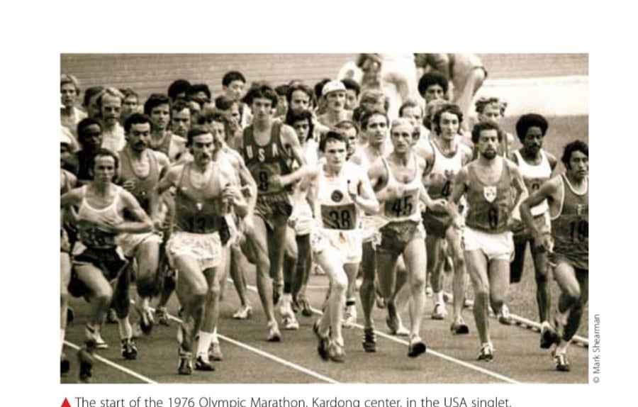 The start of the 1976 Olympic Marathon, Kardong center, in the USA singlet.