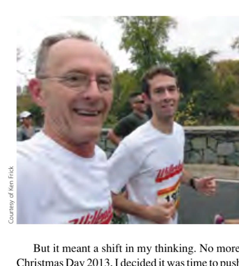 The author and his son, Kevin, wearing matching Wittenberg University running shirts, ran every step of the 2012 Marine Corps Marathon together.