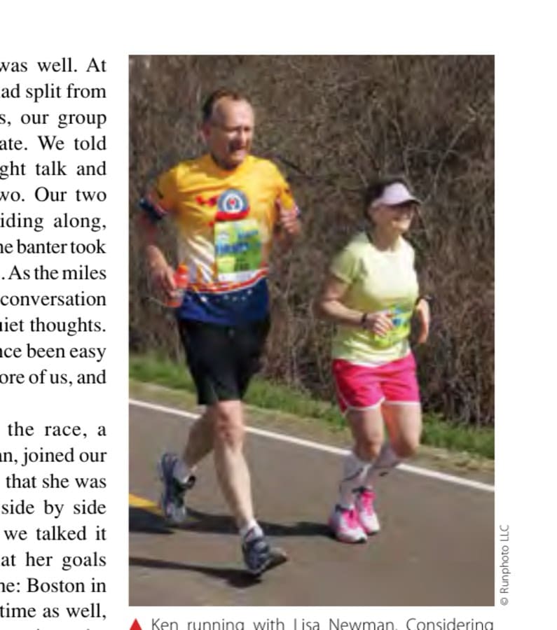 Ken running with Lisa Newman. Considering the younger age of all of the other runners in their group, they formed a natural team.