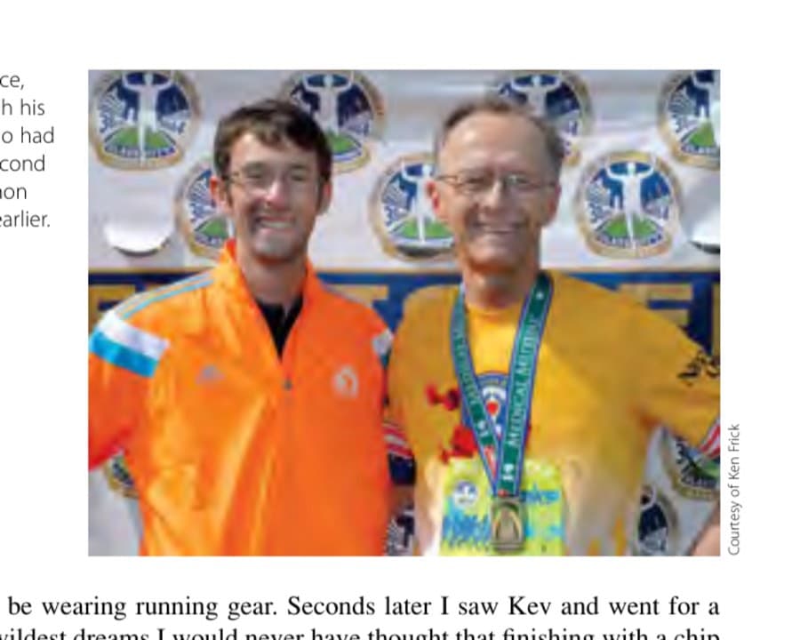 After the race, the author with his son, Kevin, who had finished his second Boston Marathon only six days earlier.