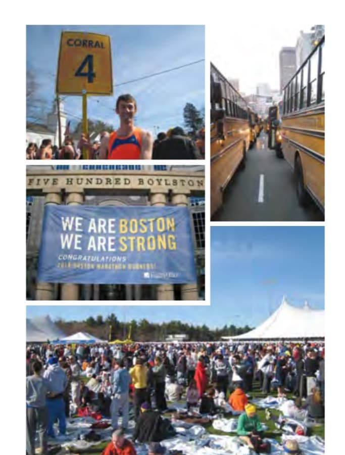 Clockwise: Me holding the Corral 4 sign before the start of the 2014 Boston Marathon. The line of school buses on Tremont Street that transport us to the start. The Athletes' Village in Hopkinton. The sign on Boylston Street near the finish of the race.