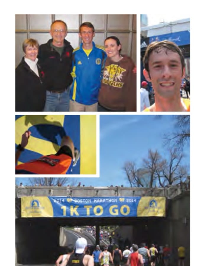 Clockwise: With my parents and now-wife after the 2014 Boston Marathon. Me moments after crossing the finish line. One kilometer left in the race. Me literally crossing the finish line.