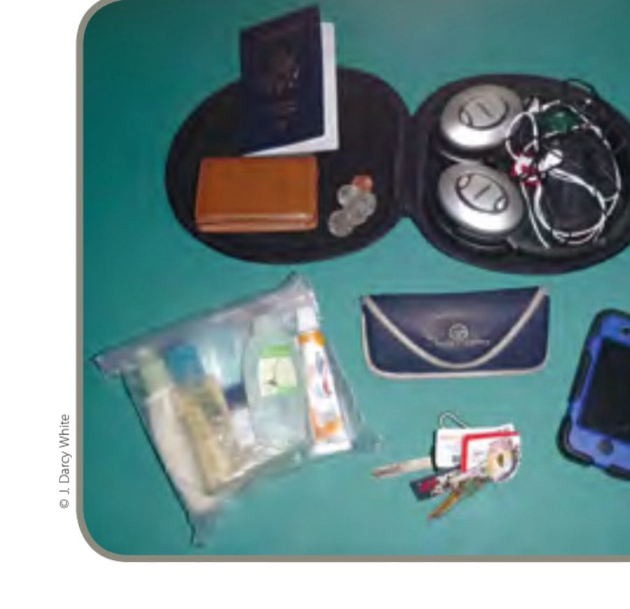 Whatto Keep Packed 7 These are toiletries and personal items I don't want to forget. I carry them on my person or in my under-the-seat bag.