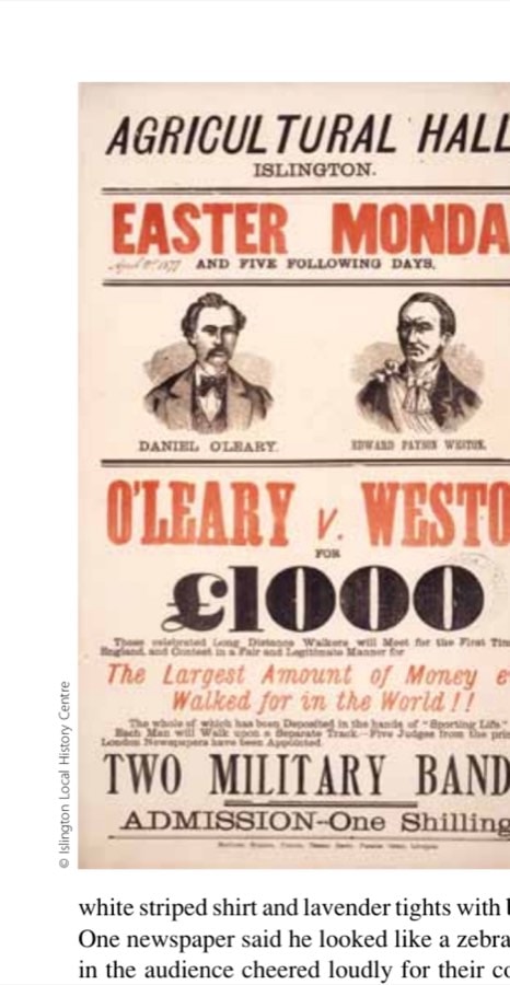 A broadside advertising a six-day race between Edward Payson Weston and Daniel O'Leary in London, 1877.