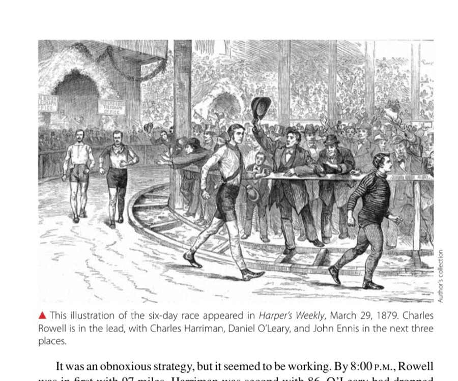 This illustration of the six-day race appeared in Harper's Weekly, March 29, 1879. Charles Rowell is in the lead, with Charles Harriman, Daniel O'Leary, and John Ennis in the next three places.