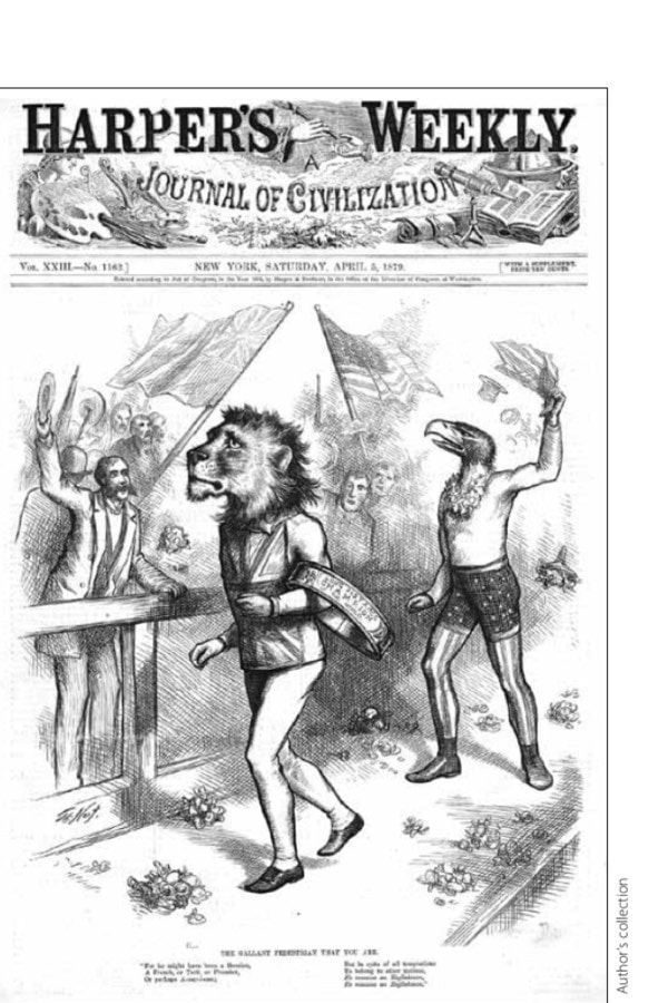 This Thomas Nast illustration appeared on the cover of Harper's Weekly on April 5, 1879. It depicts Charles Rowell as the victorious British lion and Daniel O'Leary as the vanquished American eagle.