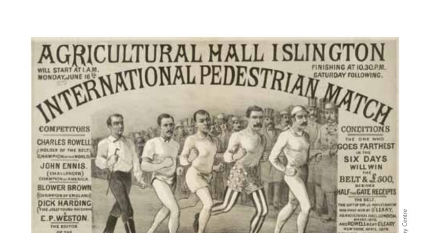 This broadside advertised a six-day race in London, June 16–21, 1879. Pictured, from left to right, are Edward Payson Weston, Richard Harding, "Blower" Brown, John Ennis, and Charles Rowell.