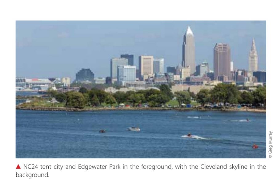 NC24 tent city and Edgewater Park in the foreground, with the Cleveland skyline in the background.