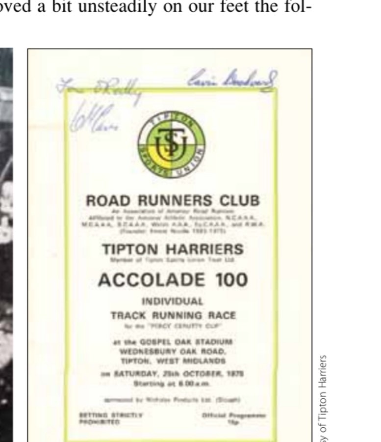 Left, Woodward with the spoils of success after his 100-mile track world-best time in 1975. Right, an autographed souvenir from "The greatest 100-mile race ever staged."