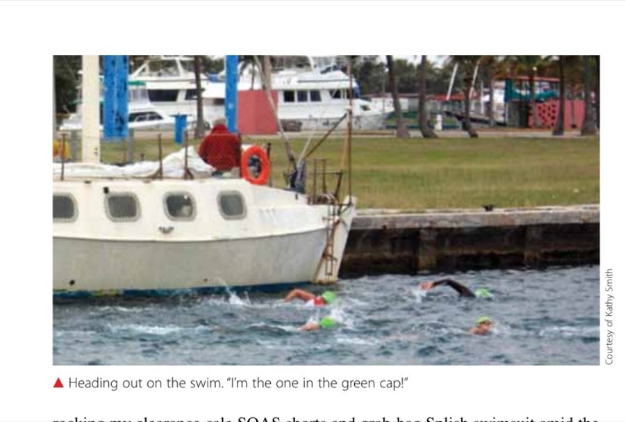 Heading out on the swim. "I'm the one in the green cap!"