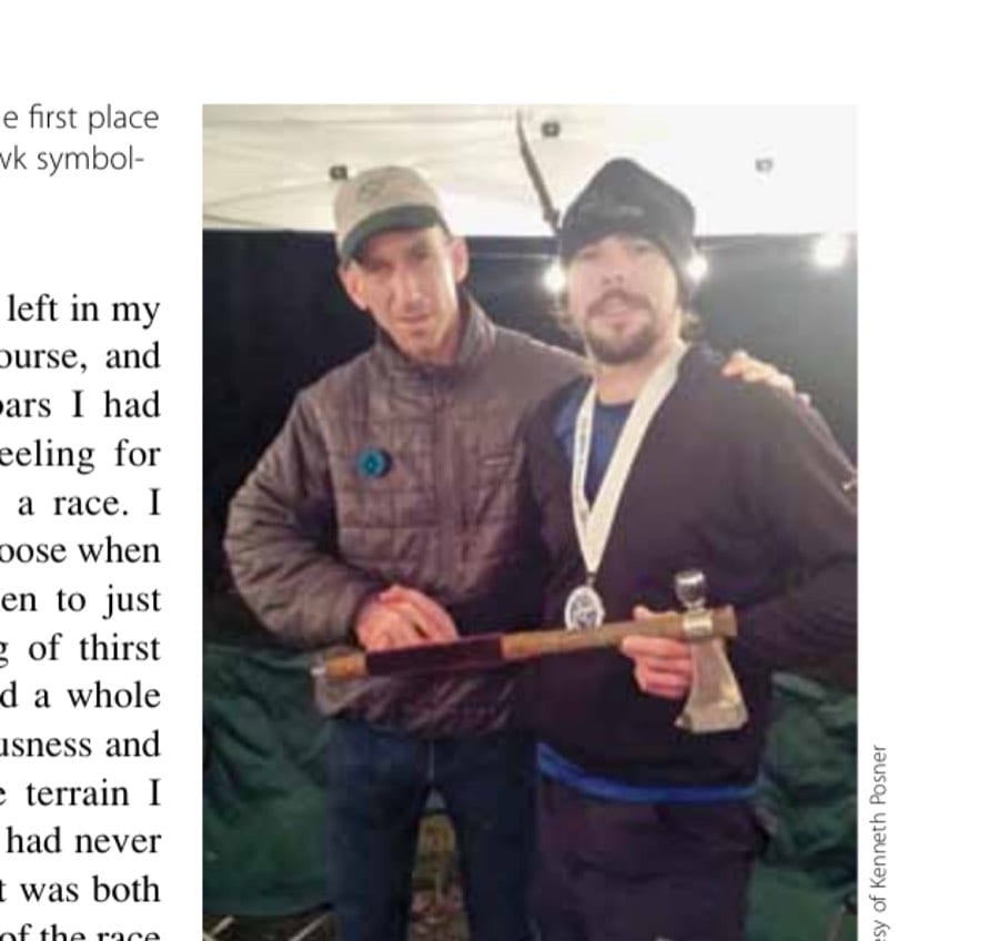 Running The Shawangunk Ridge Trail 18 George (right) receiving the first place finisher's award. The tomahawk symbolizes the spirit of self-reliance.