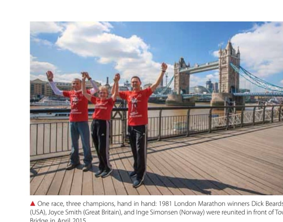 The Hand Of Friendship 8 One race, three champions, hand in hand: 1981 London Marathon winners Dick Beardsley (USA), Joyce Smith (Great Britain), and Inge Simonsen (Norway) were reunited in front of Tower Bridge in April 2015.