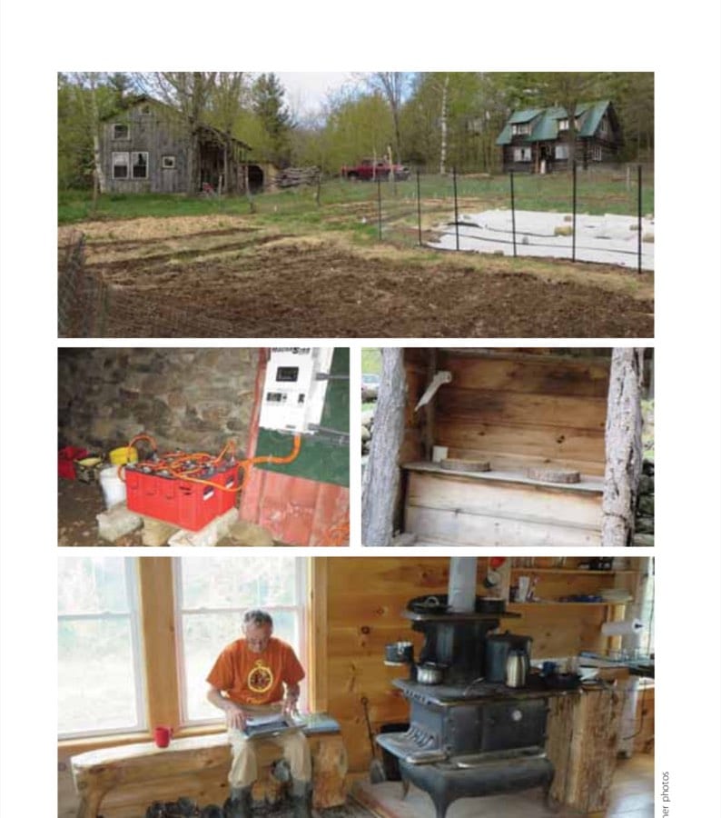 Clockwise: "The Hill" Homestead (left to right): the home cabin, tool and wood shed, log pile to be cut into firewood, Bernd's truck, the guesthouse cabin, and the vegetable garden in the foreground. The Hill's infamous outhouse. Notice it's a two-holer. And the reason it's infamous is that there's no door. Author and professor Heinrich hard at work. Note the laptop (which explains the need for solar/electric power) and the field biologist (which explains the need for boots). Voltage from the outdoor solar panel is stored in these batteries located in the cellar below the home cabin.
