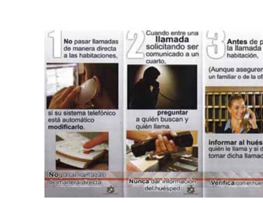 A pamphlet distributed to Cozumel hotels explaining how to screen phone calls in order to keep guests safe.