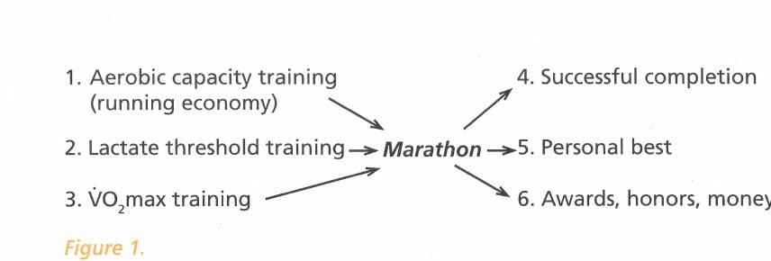 The Art of Peaking 3 Figure 1. Training variables and marathon outcomes: 1. Aerobic capacity training (running economy), 2. Lactate threshold training, and 3. V̇O₂max training lead to Marathon, which leads to 4. Successful completion, 5. Personal best, and 6. Awards, honors, money.