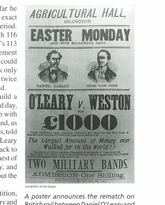 A poster announces the rematch on British soil between Daniel O'Leary and Edward Payson Weston.